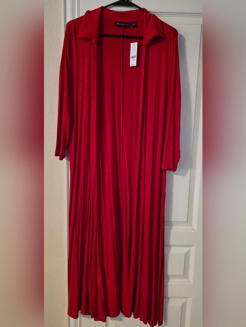 New York & Company Long Open-Front Red Cardigan